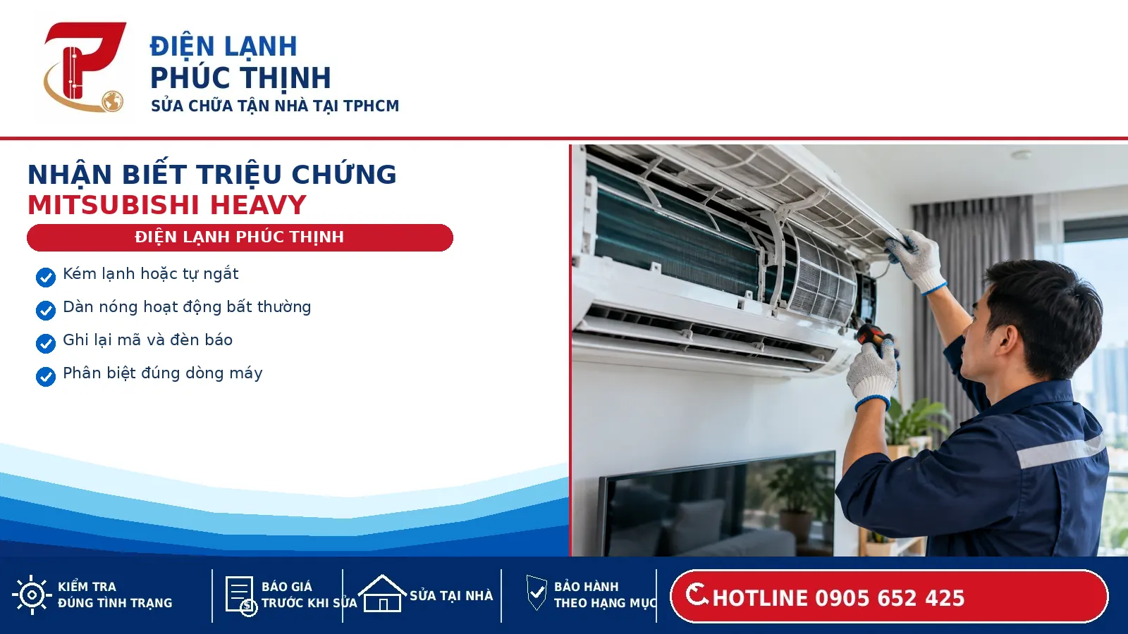 Kỹ thuật viên kiểm tra máy lạnh Mitsubishi Heavy khi thiết bị vận hành bất thường
