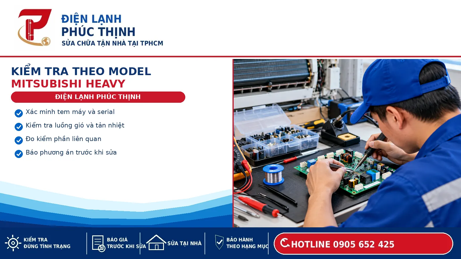 Kỹ thuật viên kiểm tra dàn nóng máy lạnh Mitsubishi Heavy trước khi đánh giá tình trạng thiết bị