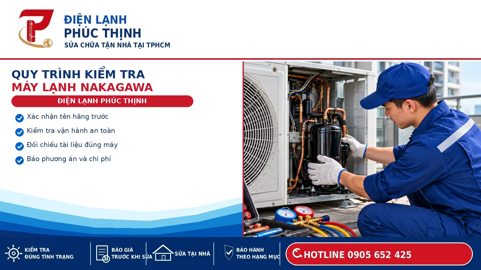 Kỹ thuật viên kiểm tra dàn nóng máy lạnh Nakagawa trước khi đánh giá tình trạng thiết bị
