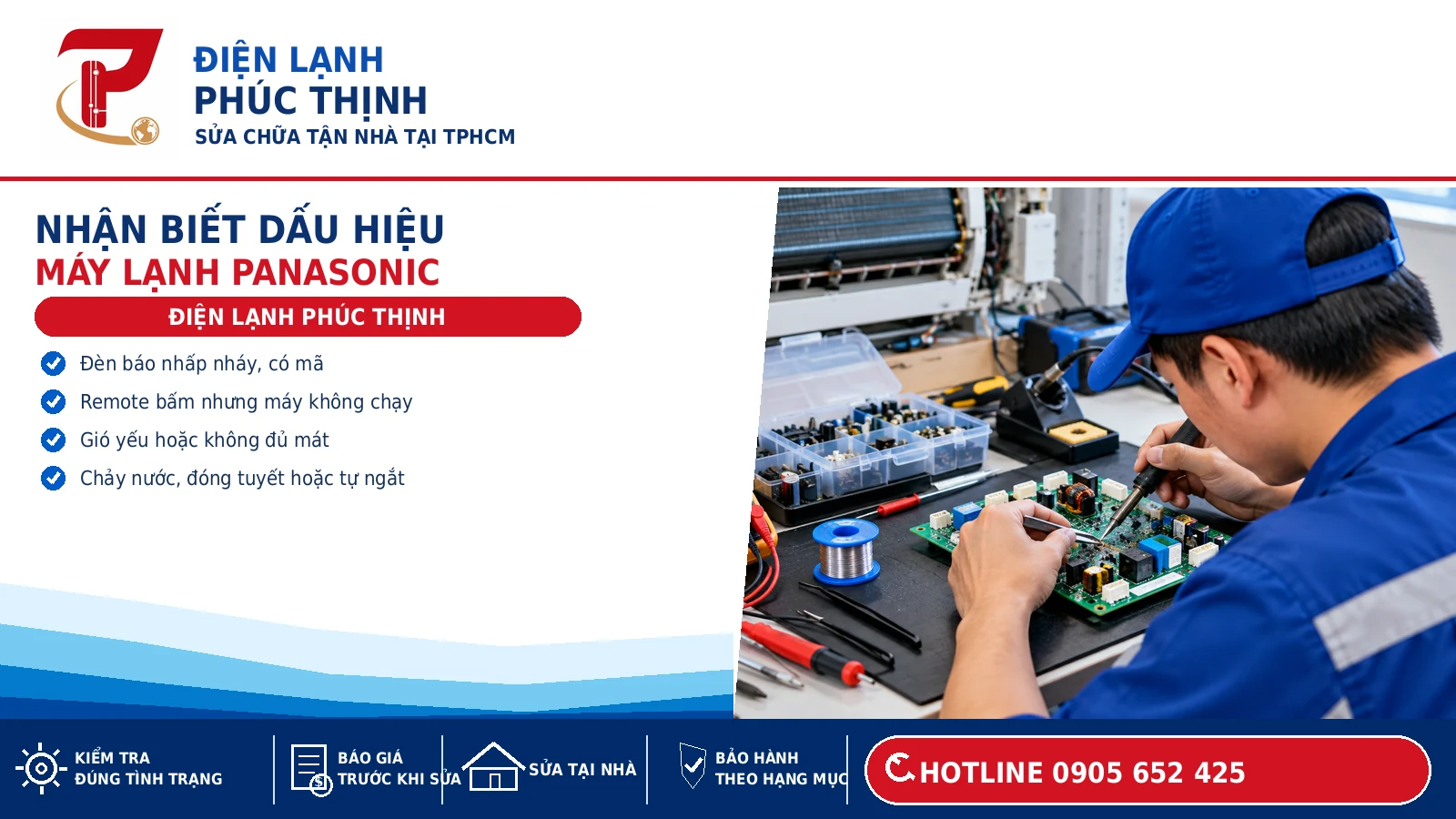 Kỹ thuật viên kiểm tra bo mạch và triệu chứng máy lạnh Panasonic, ảnh minh họa