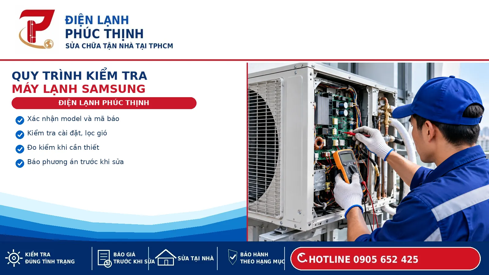 Kỹ thuật viên kiểm tra dàn nóng máy lạnh Samsung trước khi đánh giá tình trạng thiết bị
