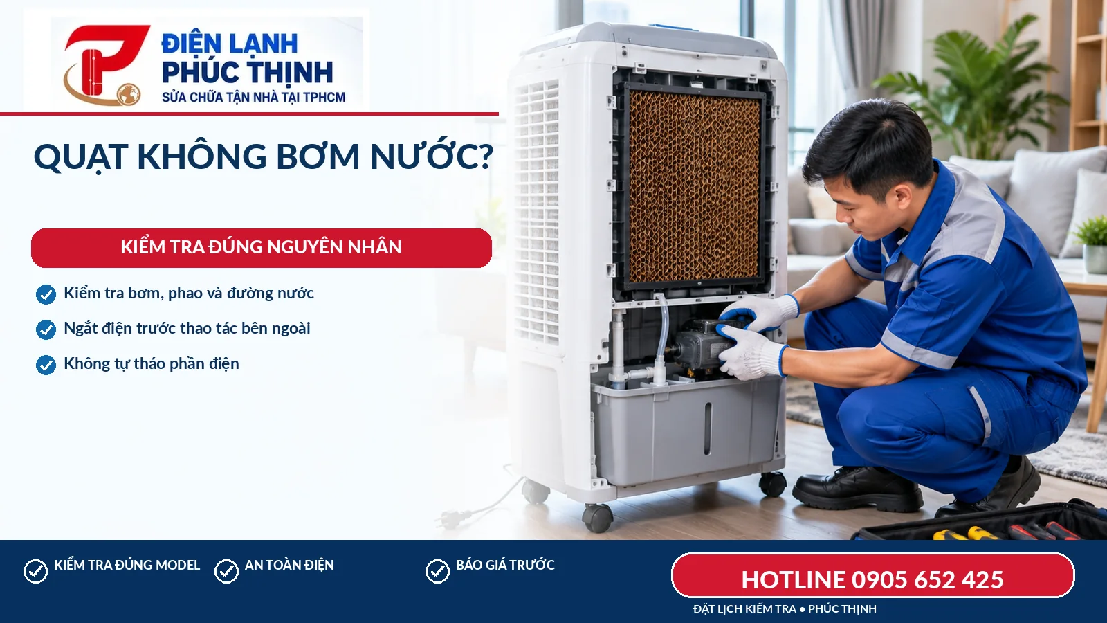 Kỹ thuật viên kiểm tra bơm nước, phao và tấm làm mát của quạt hơi nước
