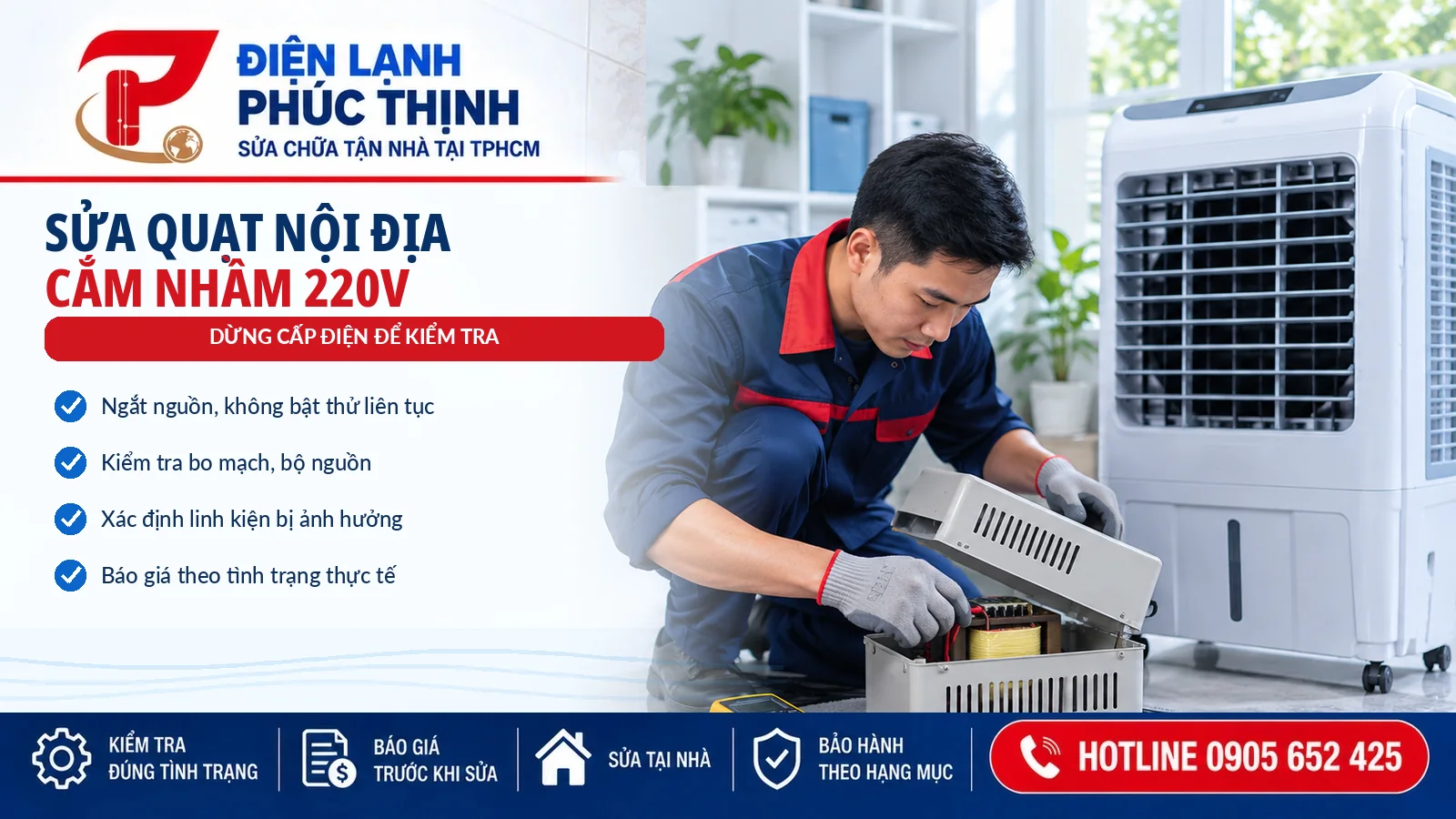 quạt hơi nước nội địa cắm nhầm 220V, kiểm tra bộ nguồn