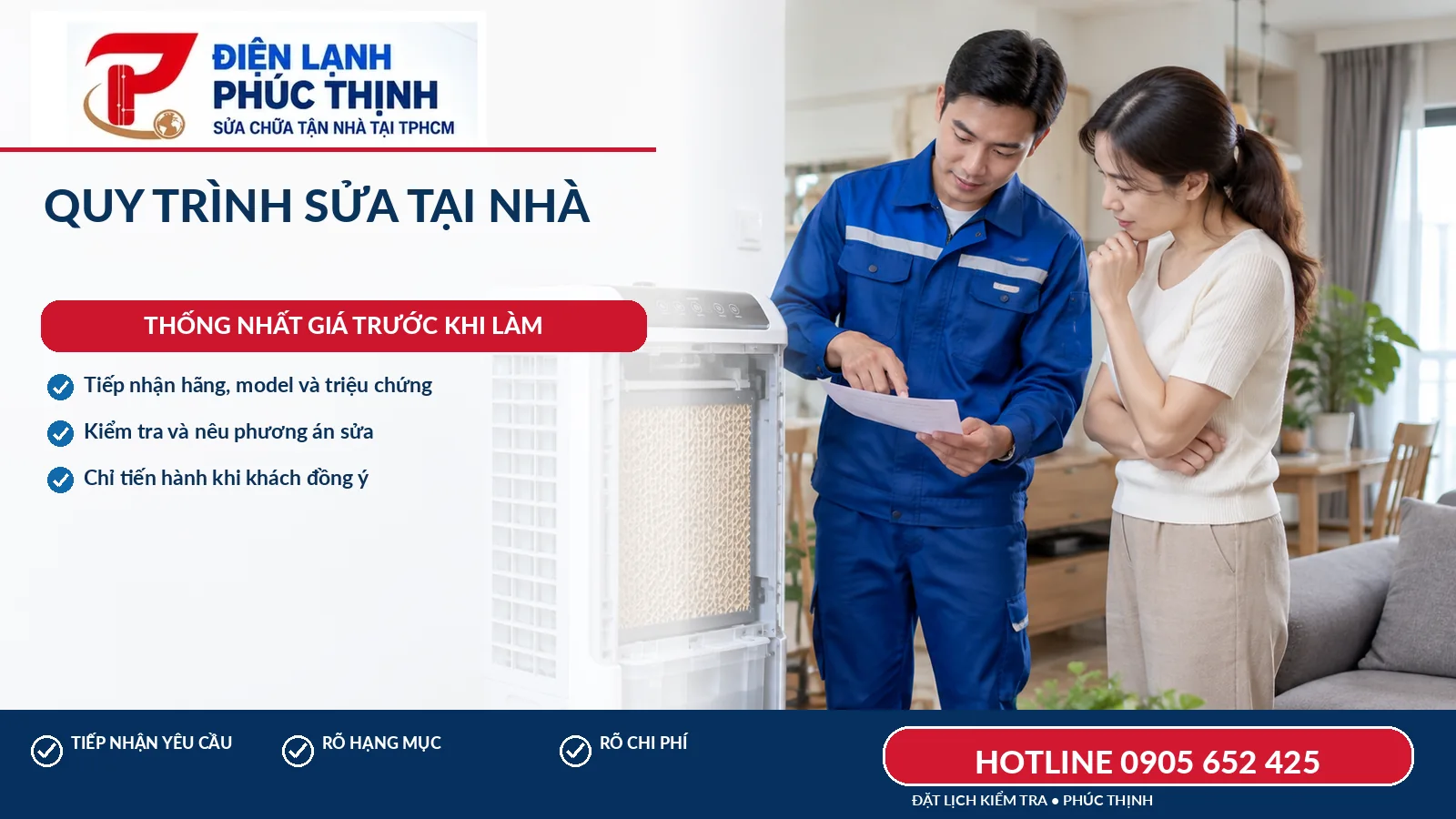Kỹ thuật viên trao đổi phương án và chi phí trước khi sửa quạt hơi nước