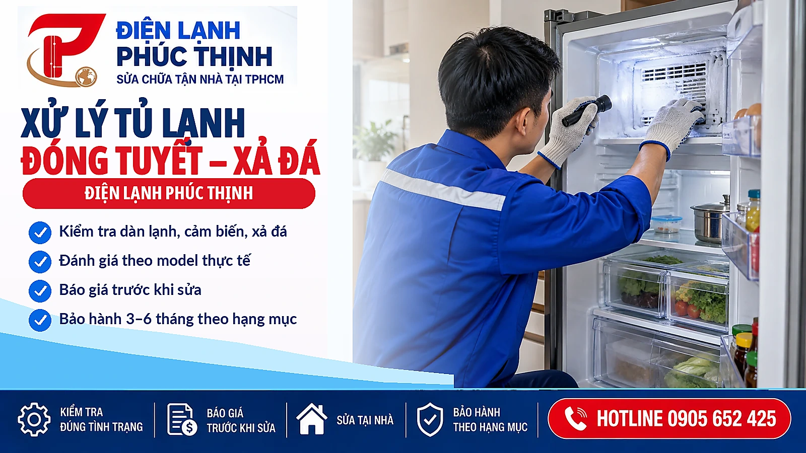 Sửa tủ lạnh đóng tuyết và xử lý hệ thống xả đá Banner xử lý tủ lạnh đóng tuyết, kiểm tra dàn lạnh và hệ thống xả đá tại TP.HCM