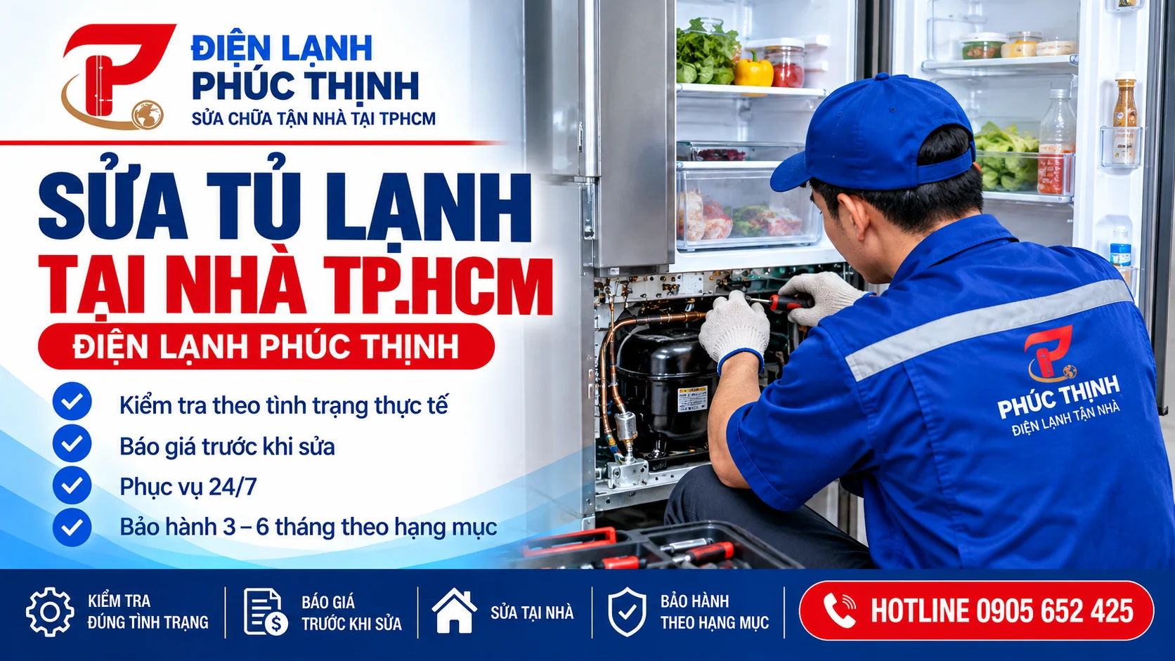 Banner dịch vụ sửa tủ lạnh tại nhà TP.HCM của Điện Lạnh Phúc Thịnh; kiểm tra thực tế và báo giá trước khi sửa