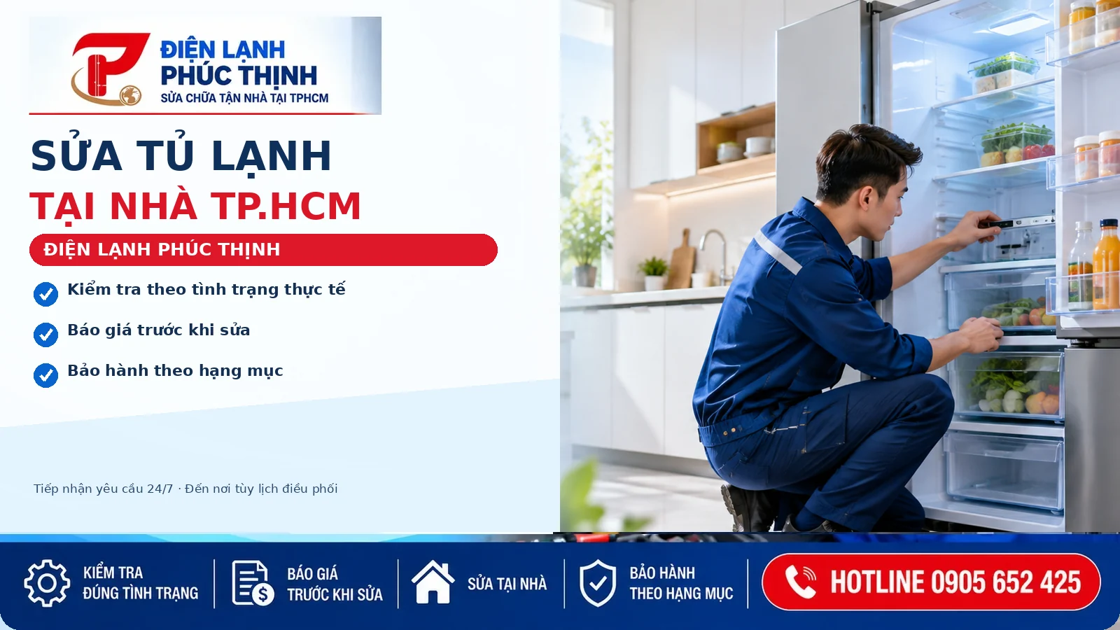 Banner dịch vụ sửa tủ lạnh tại nhà TP.HCM của Phúc Thịnh HCM, kiểm tra thực tế và báo giá trước khi sửa