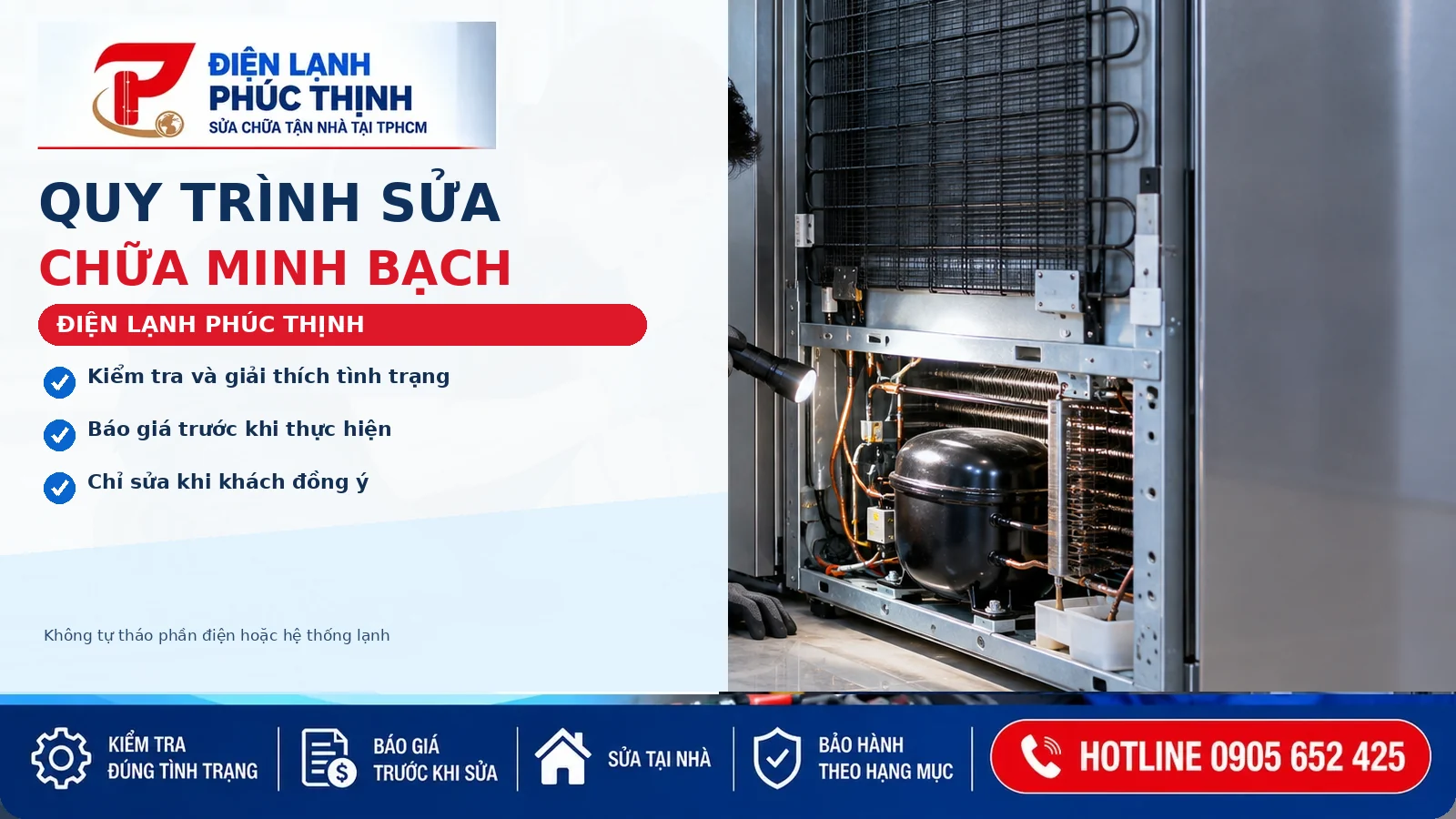 Kỹ thuật viên kiểm tra cụm máy nén và dàn tản nhiệt tủ lạnh trong quy trình sửa chữa tại nhà