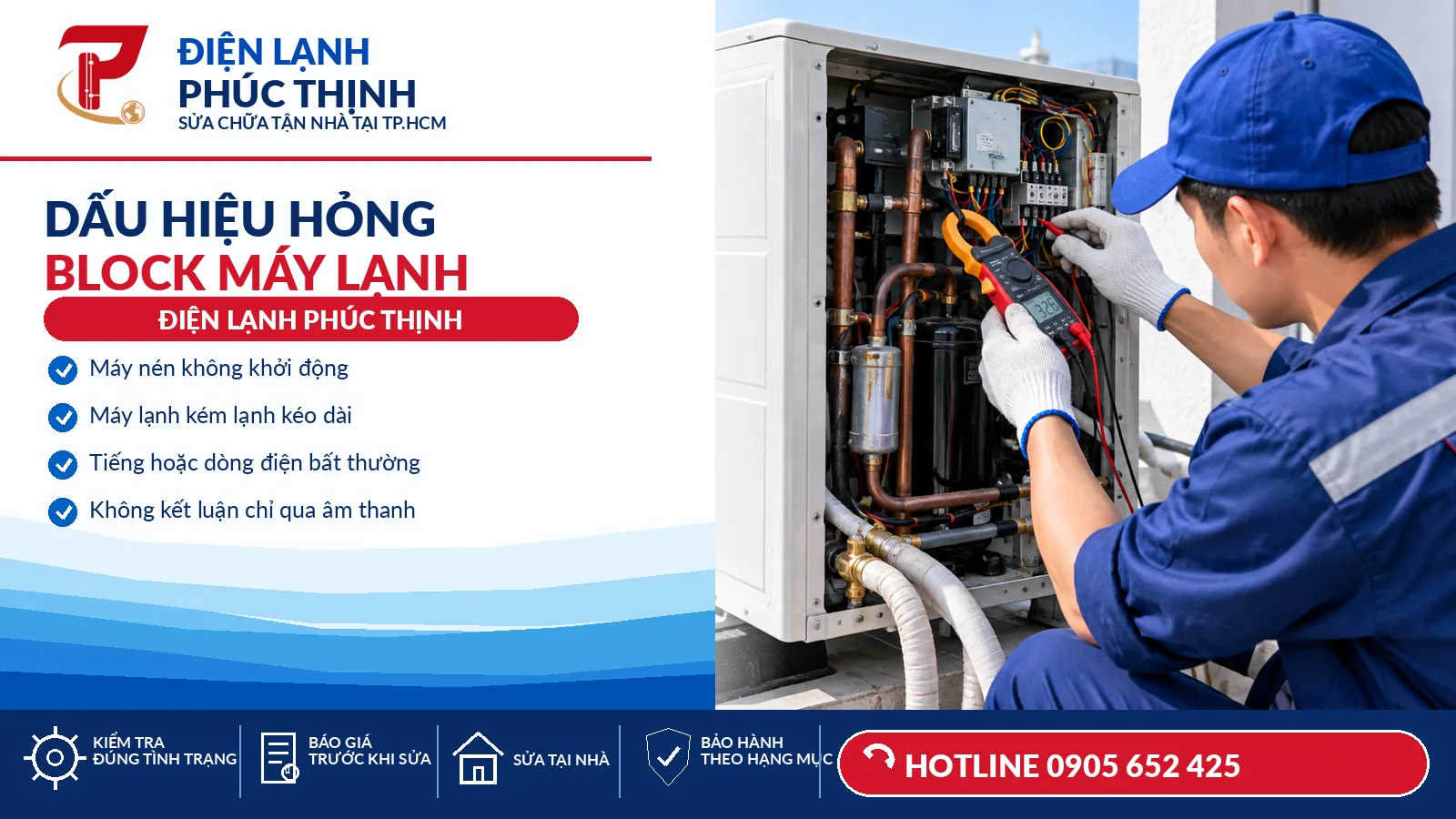 Kỹ thuật viên kiểm tra cụm máy nén trong dàn nóng máy lạnh trước khi thay block