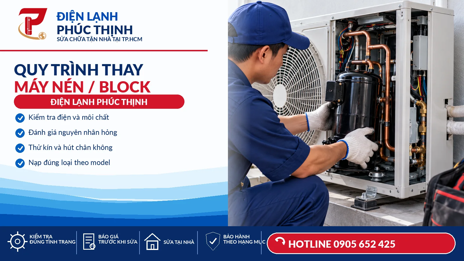 Kỹ thuật viên kiểm tra và thao tác với máy nén máy lạnh cùng dụng cụ chuyên dụng
