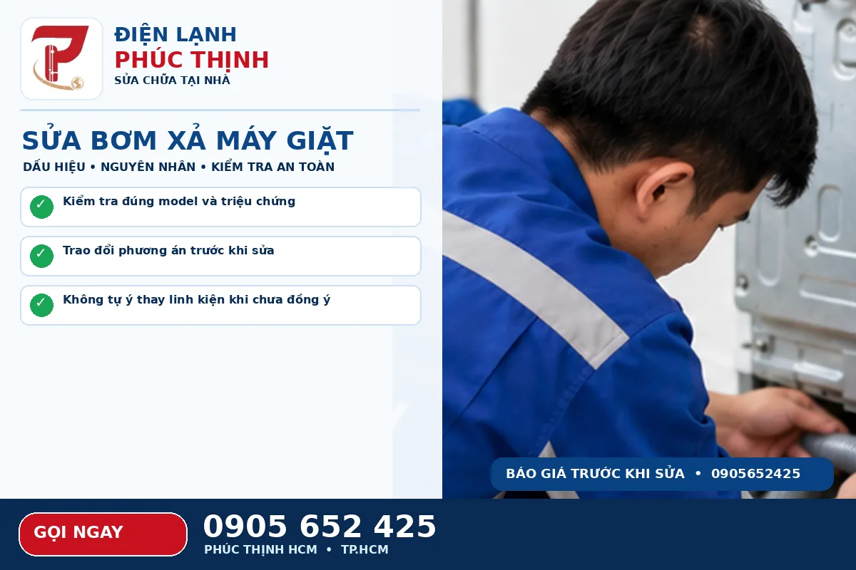Hình minh họa dịch vụ thay bơm xả máy giặt với kỹ thuật viên kiểm tra máy giặt