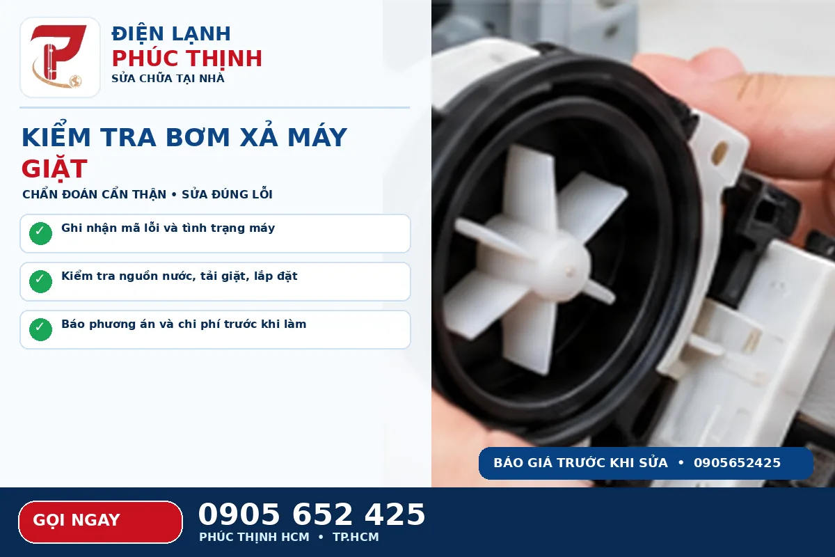 Minh họa các bước kiểm tra an toàn cho thay bơm xả máy giặt