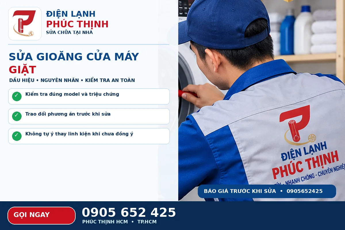 Hình minh họa dịch vụ thay gioăng cửa máy giặt với kỹ thuật viên kiểm tra máy giặt