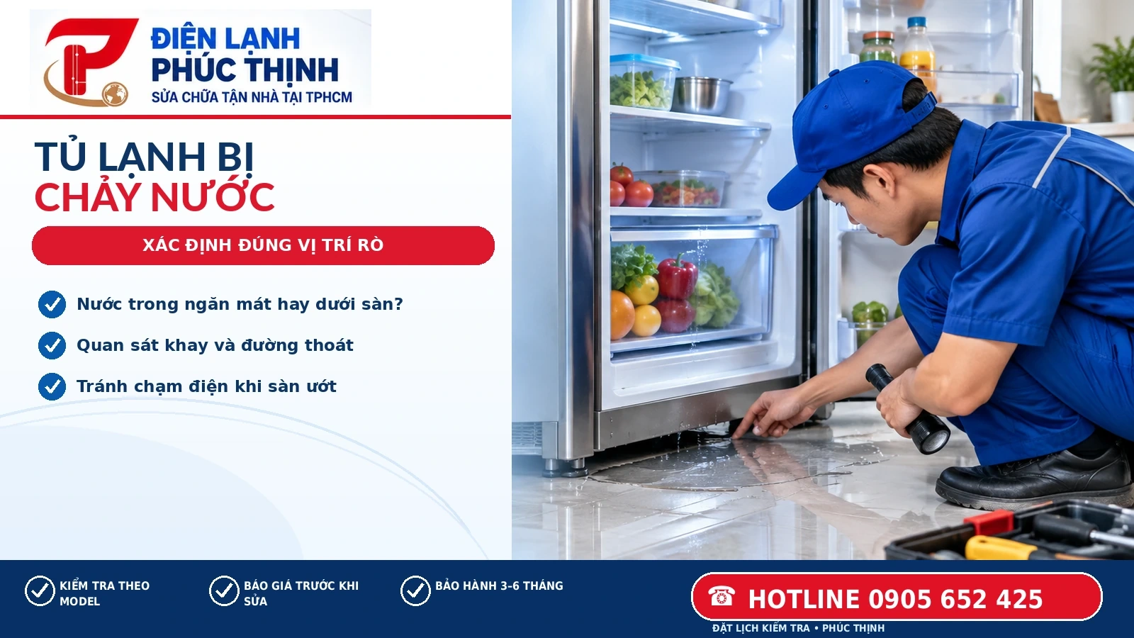 Tủ lạnh chảy nước trong ngăn mát, dưới ngăn rau hoặc ra sàn có thể do thoát nước, cửa hở hay khay nước. Xác định vị trí và xử lý an toàn.