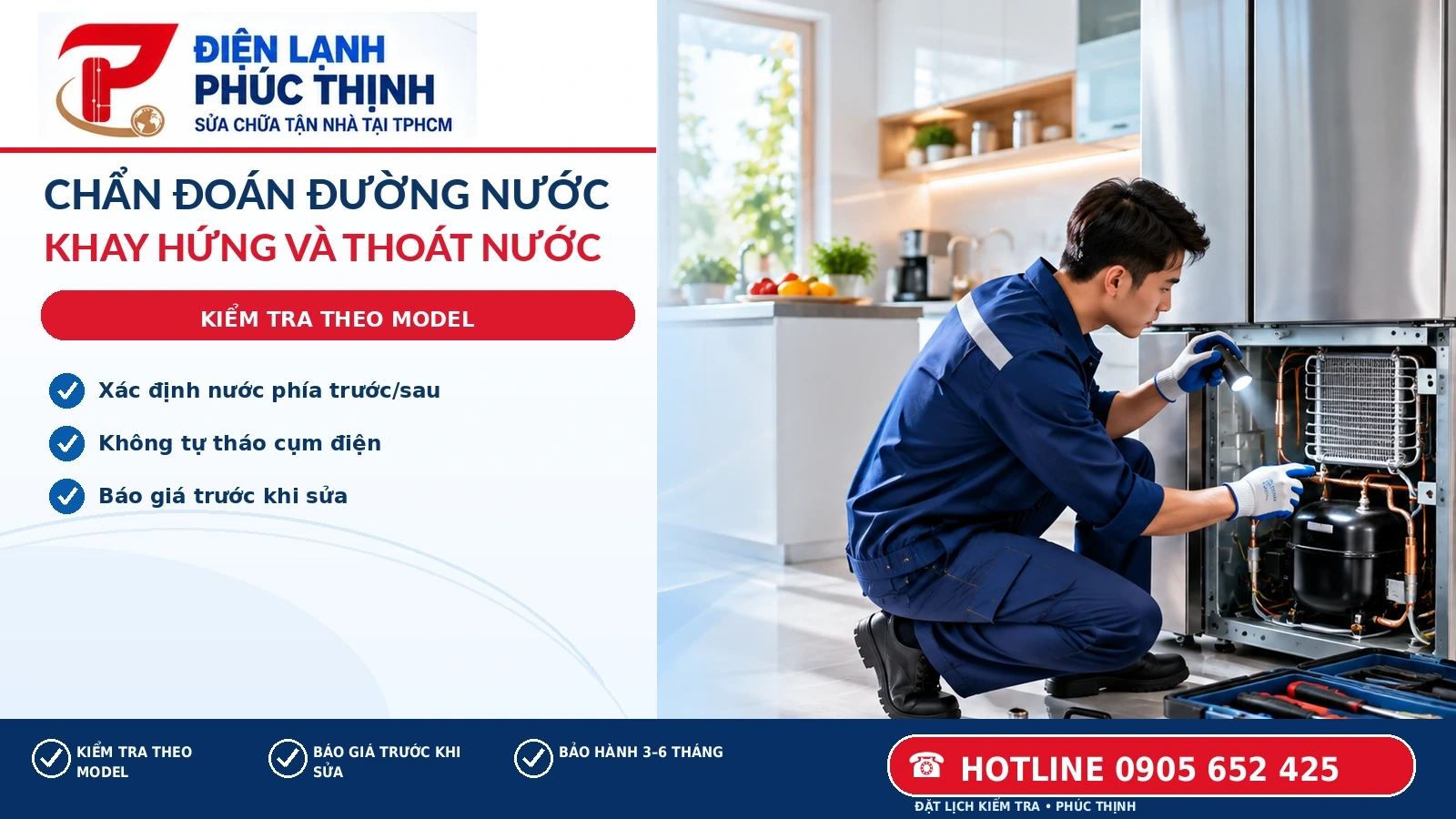 Kỹ thuật viên kiểm tra khay hứng nước và đường thoát nước của tủ lạnh