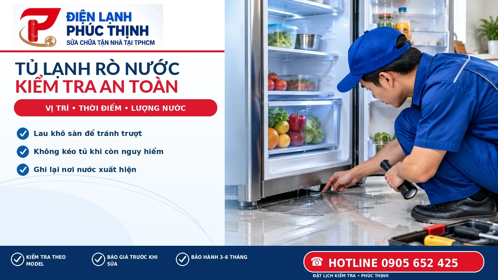 Kiểm tra vị trí nước đọng dưới ngăn rau và khu vực chân tủ lạnh