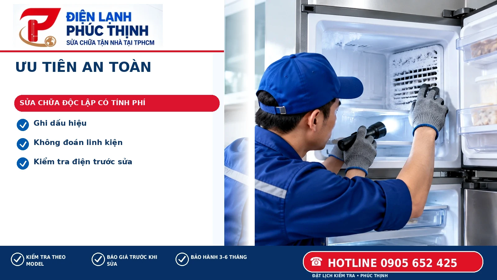 Ưu Tiên An Toàn – Điện Lạnh Phúc Thịnh; minh họa tủ lạnh bị rò điện, tê vỏ hoặc làm nhảy cb tại TP.HCM.