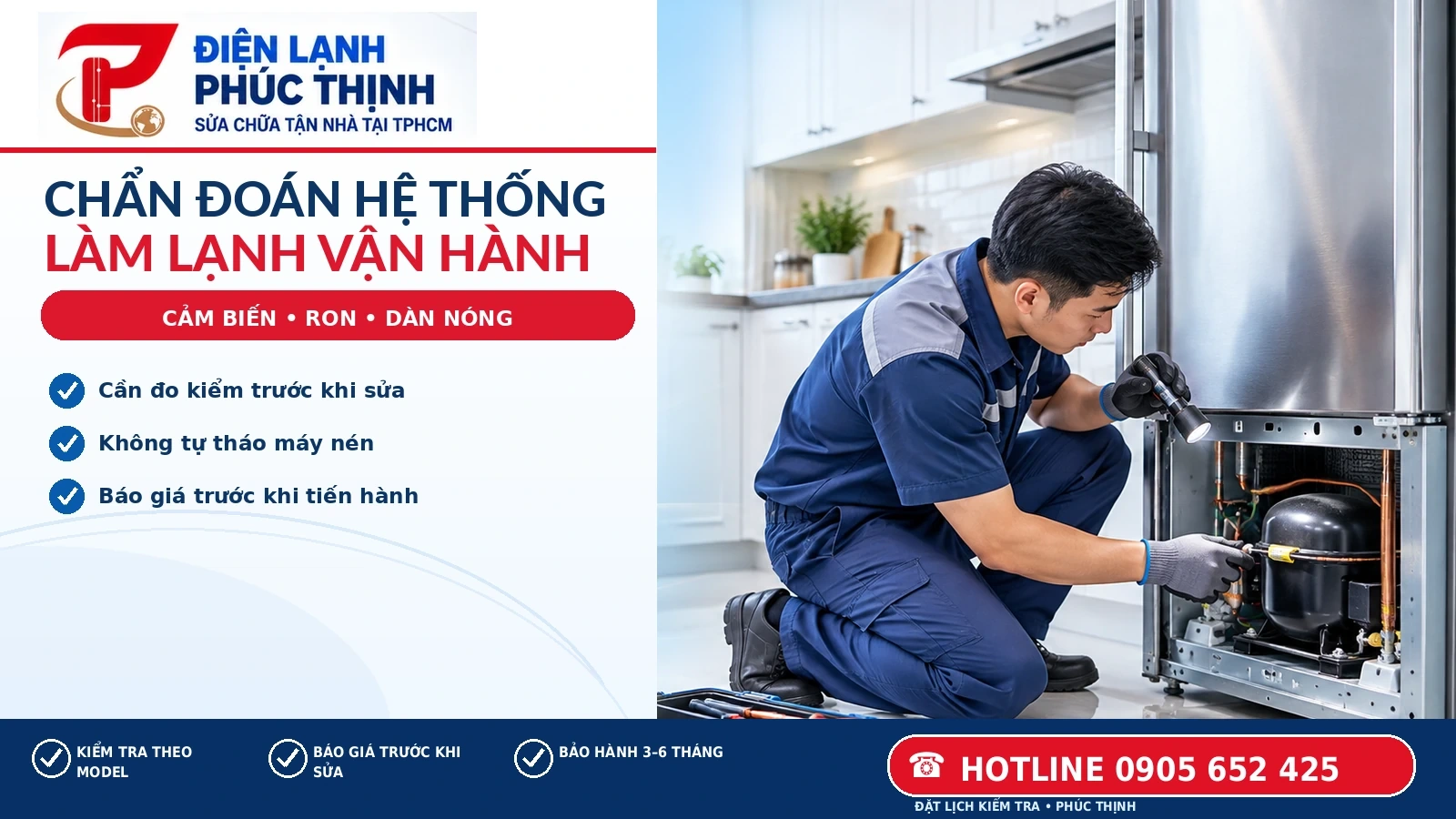 Kỹ thuật viên kiểm tra máy nén và bộ phận trao đổi nhiệt khi tủ lạnh chạy liên tục