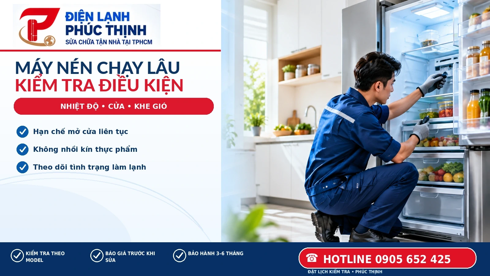 Kỹ thuật viên kiểm tra bảng điều khiển, ron cửa và trạng thái vận hành của tủ lạnh