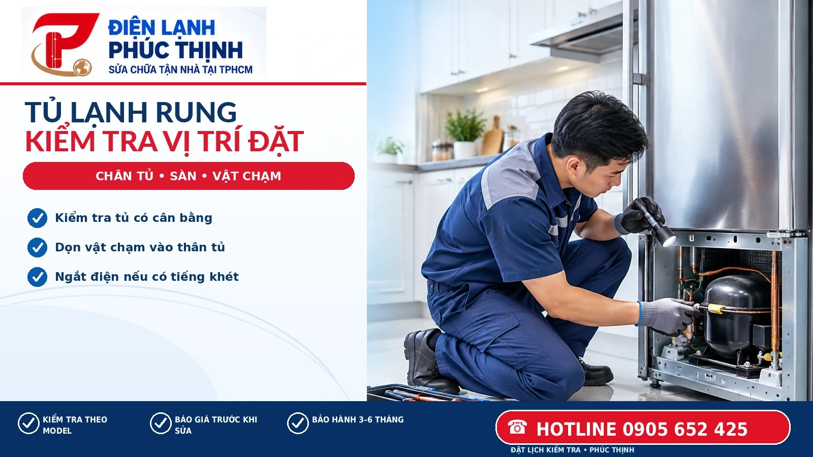 Kỹ thuật viên đánh giá độ rung và vị trí đặt của tủ lạnh trong nhà
