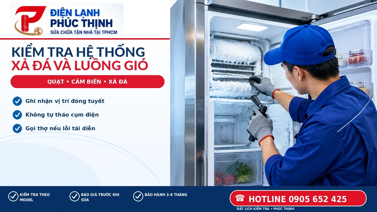 Kỹ thuật viên kiểm tra quạt và hệ thống làm lạnh của tủ lạnh theo model