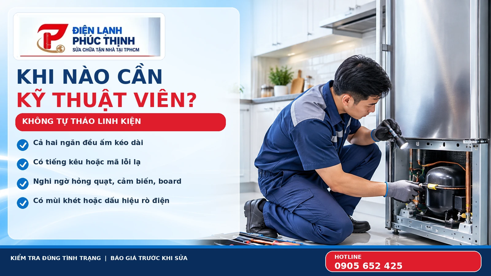 Kỹ thuật viên kiểm tra khu vực máy nén và linh kiện tủ lạnh để xác định nguyên nhân không lạnh