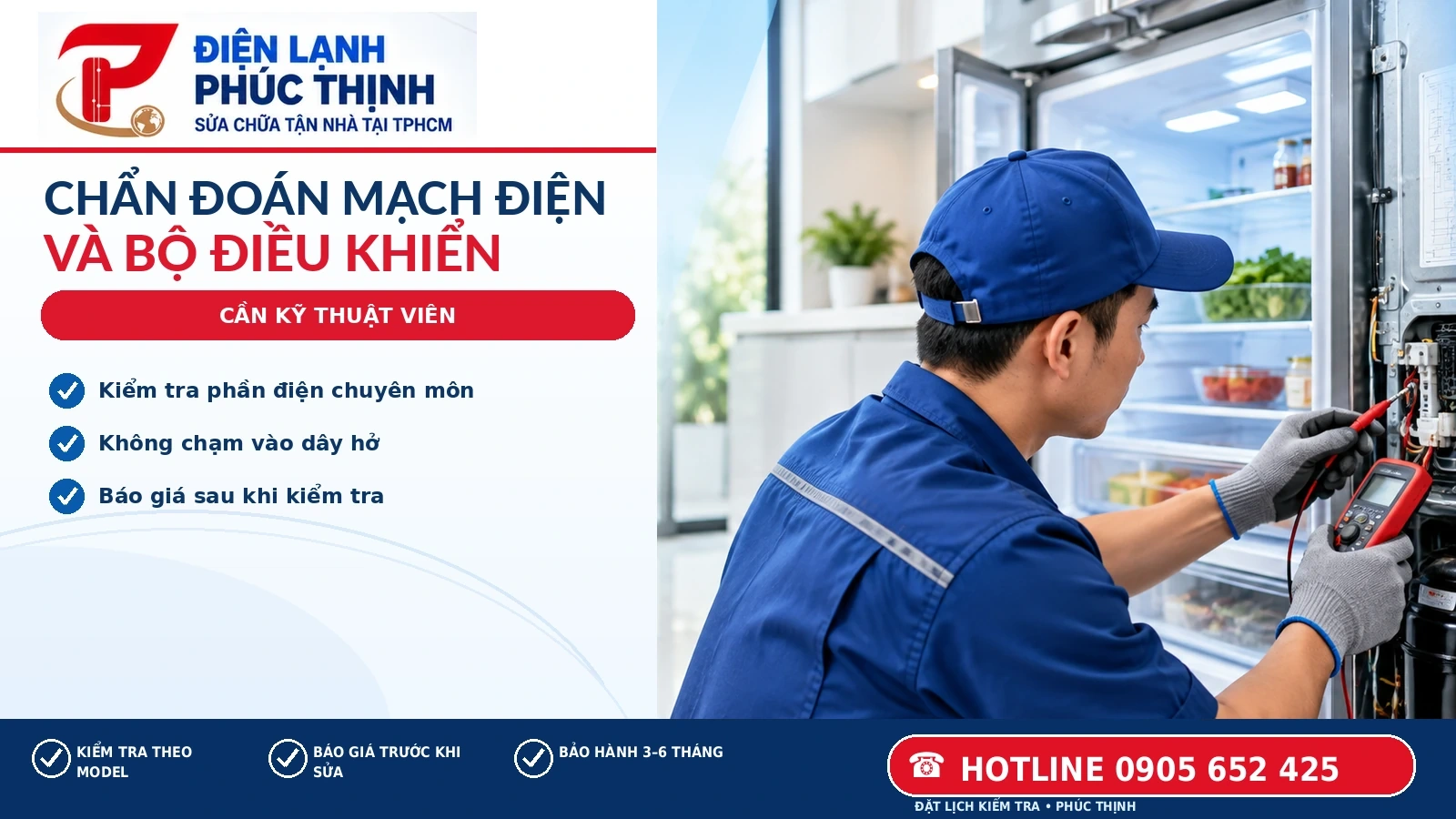 Kỹ thuật viên kiểm tra cụm điện và máy nén của tủ lạnh bằng dụng cụ chuyên dụng