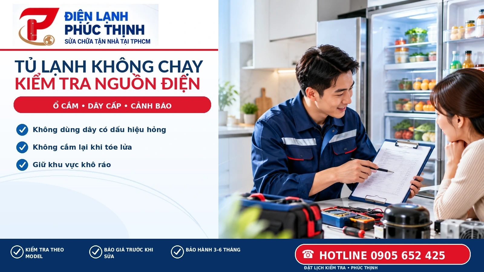 Kỹ thuật viên kiểm tra bên ngoài nguồn cấp và bảng điều khiển của tủ lạnh không chạy