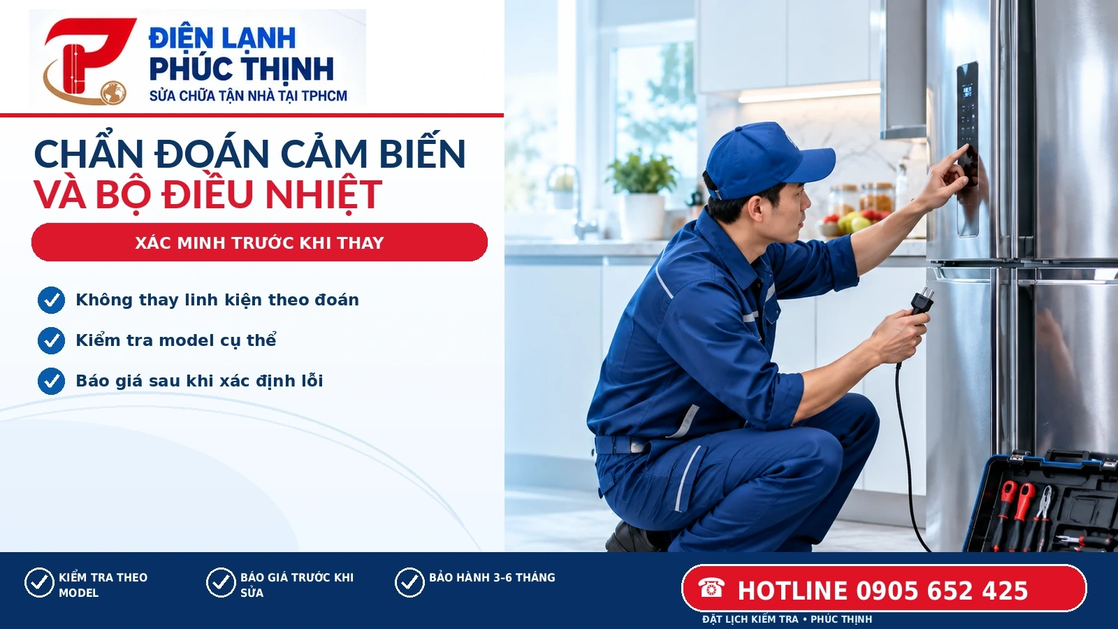 Kỹ thuật viên kiểm tra hệ thống cảm biến và điều khiển của tủ lạnh khi ngăn mát quá lạnh