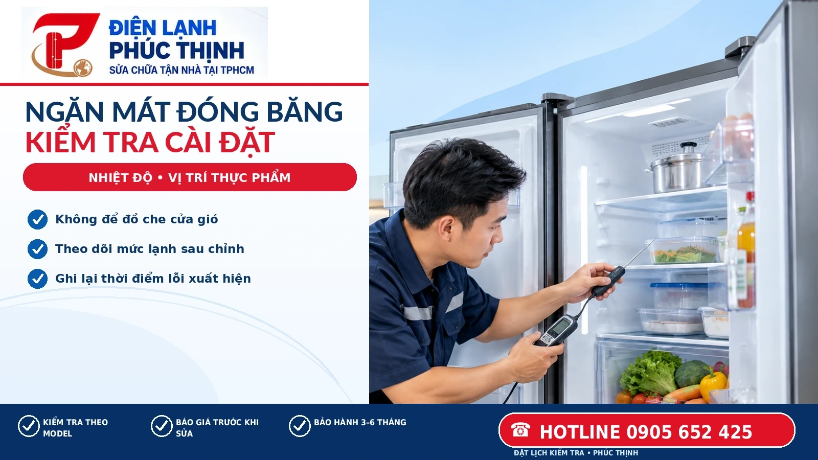 Kỹ thuật viên kiểm tra bảng nhiệt độ và vị trí thực phẩm trong ngăn mát tủ lạnh