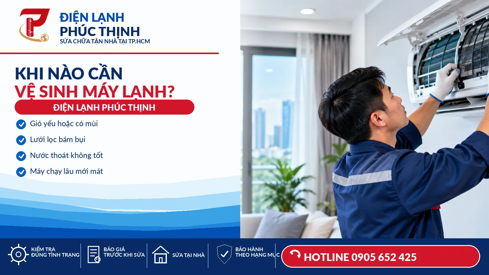 Kỹ thuật viên kiểm tra lưới lọc và dàn lạnh trước khi vệ sinh máy lạnh