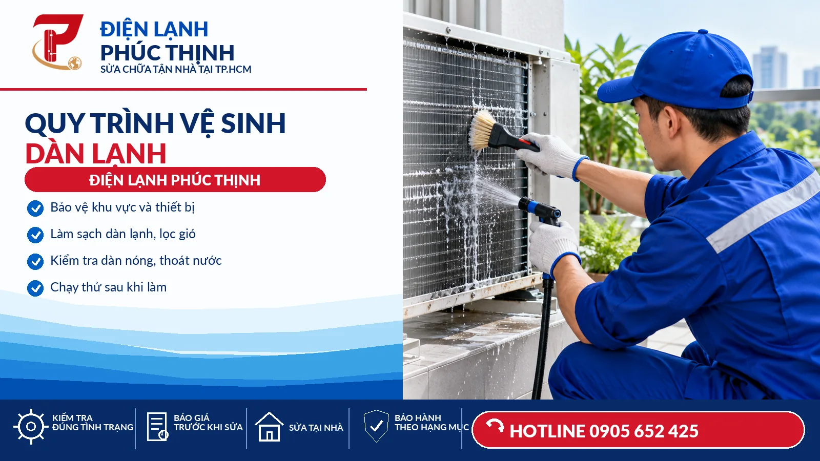 Kỹ thuật viên làm sạch dàn lạnh với túi hứng nước và dụng cụ chuyên dụng